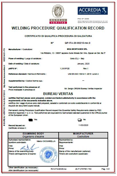 MGA Montagen S.r.l. - Welding specialists - CERTIFICAZIONE - EN ISO 3834-2:2005 

