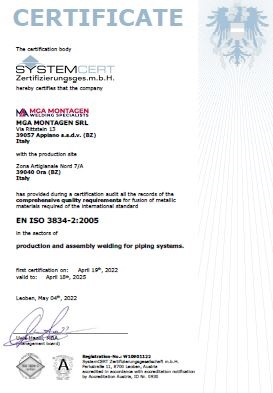 MGA Montagen S.r.l. - Welding specialists - CERTIFICAZIONE - EN ISO 3834-2:2005