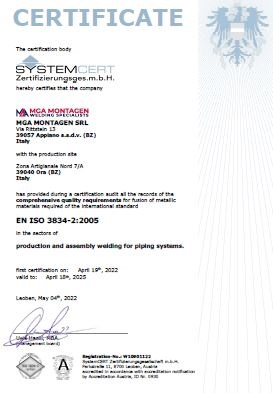 MGA Montagen S.r.l. - Welding specialists - CERTIFICAZIONE - EN ISO 3834-2:2005 
